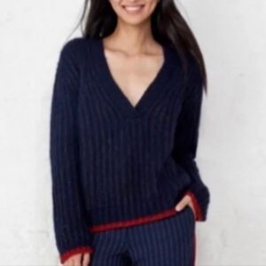 La Ligne Navy V-neck Sweater Alpaca Blend Thick Ribbed Sweater size Medium New